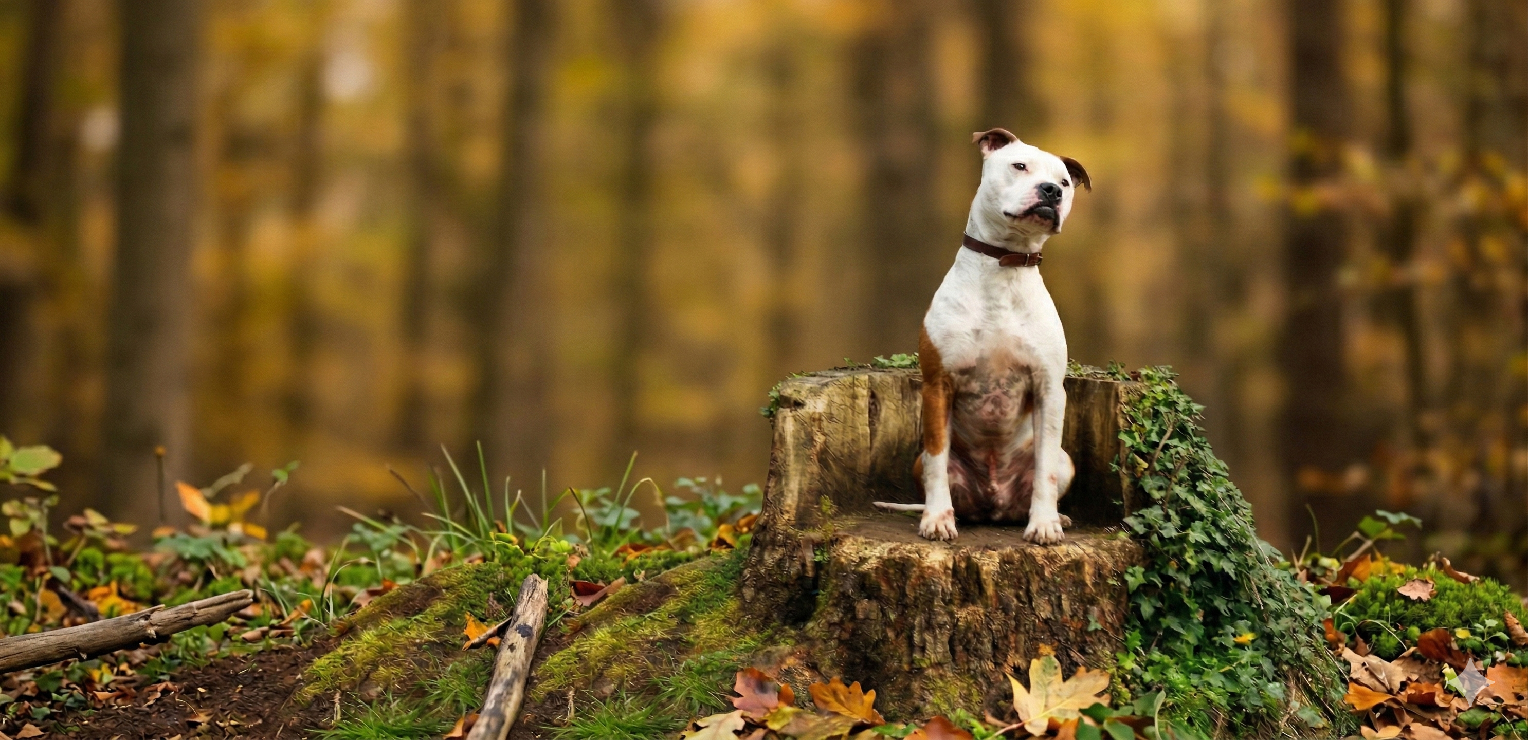 Hond zit op boomstronk in herfstbos, hondentraining Marley's Way Heiloo