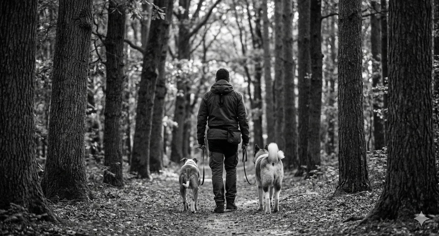 Hondentrainer Jeison Overman loopt met twee honden door het bos